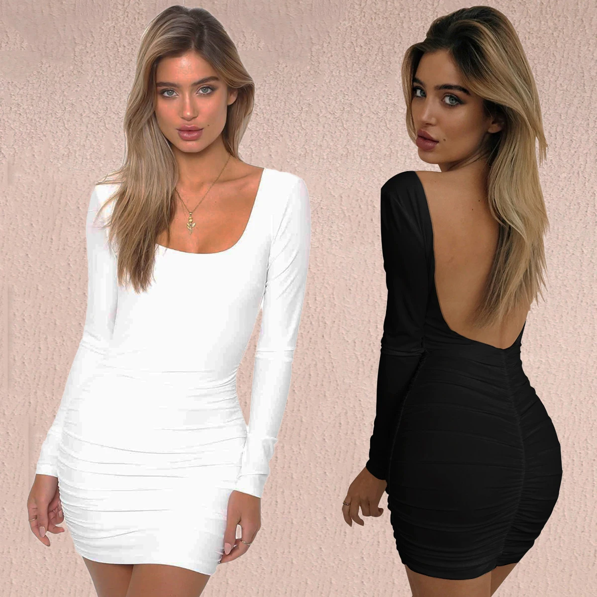 

Backless Wrap Bodycon Dress Women Low Cut Sexy Club White Black Long Sleeve Mini Party Dresses Spring Autumn
