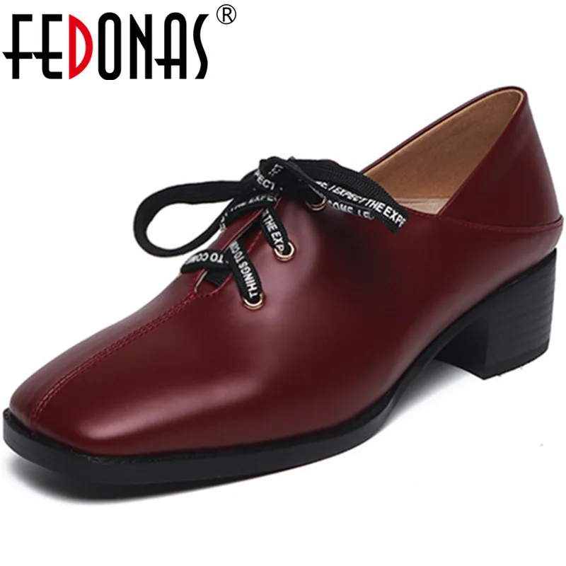 

FEDONAS Classic Women Square Toe Working Pumps Spring Summer Cross-Tied Concise Shoes Genuine Leather Thick Heels Shoes Woman