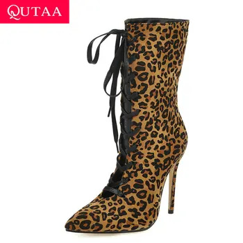 

QUTAA 2020 Thin High Heel Cut Outs Lace Up Autumn Mid Calf Boots Sexy Pointed Toe Leopard Scrub Fashion Women Shoes Size 34-43