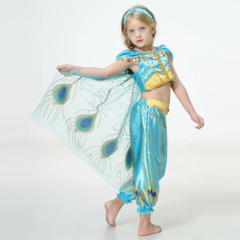 Летнее танцевальное платье принцессы с жасминовым принтом для девочек Детские вечерние костюмы Аладдина на Хэллоуин комплект из топа и юбки и штанов