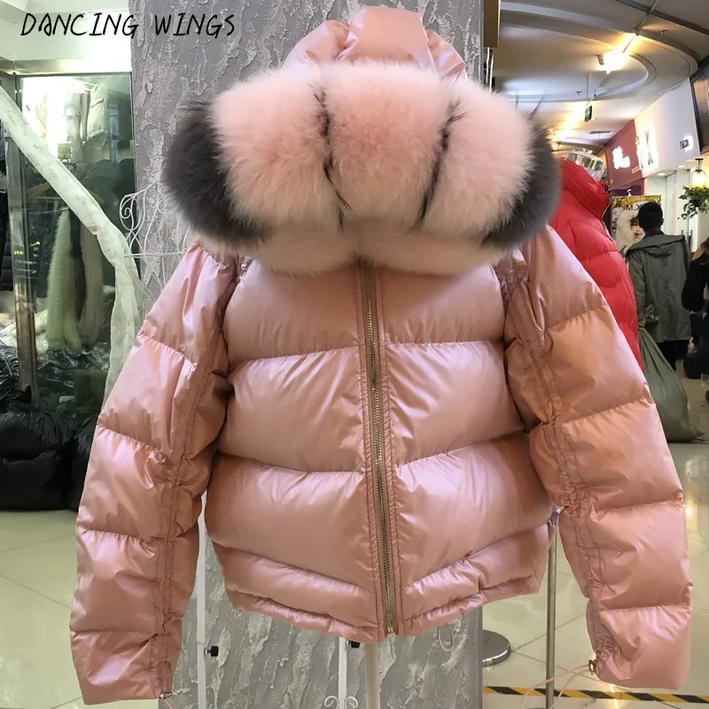 

Large Real Natural Fox Fur collar winter jacket loose short coat Glossy white duck down Coat Women