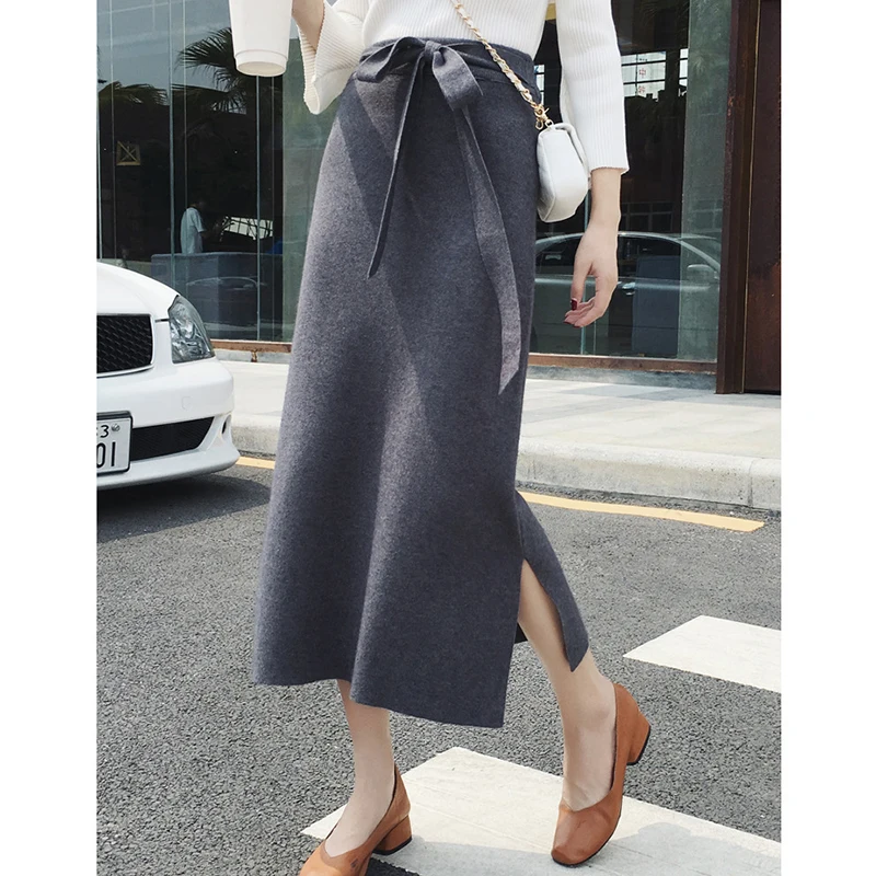 Зимние женские шерстяные макси юбки с ремнем 2019 модная шерстяная Плотная юбка стрейч женская уличная повседневная юбка