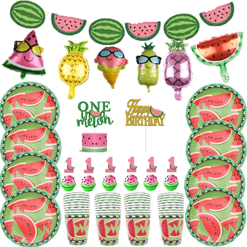 Verano sandía vajilla desechable bebé suministros de decoración para fiesta de cumpleaños plato y vaso de papel de aluminio globo de la hoja