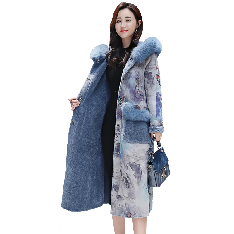 

New Winter Long Jacket Women Plus size Print Plus velvet Thick Overcoat Women Fur collar Hooded Parka lambswool Padded Coat 3XL