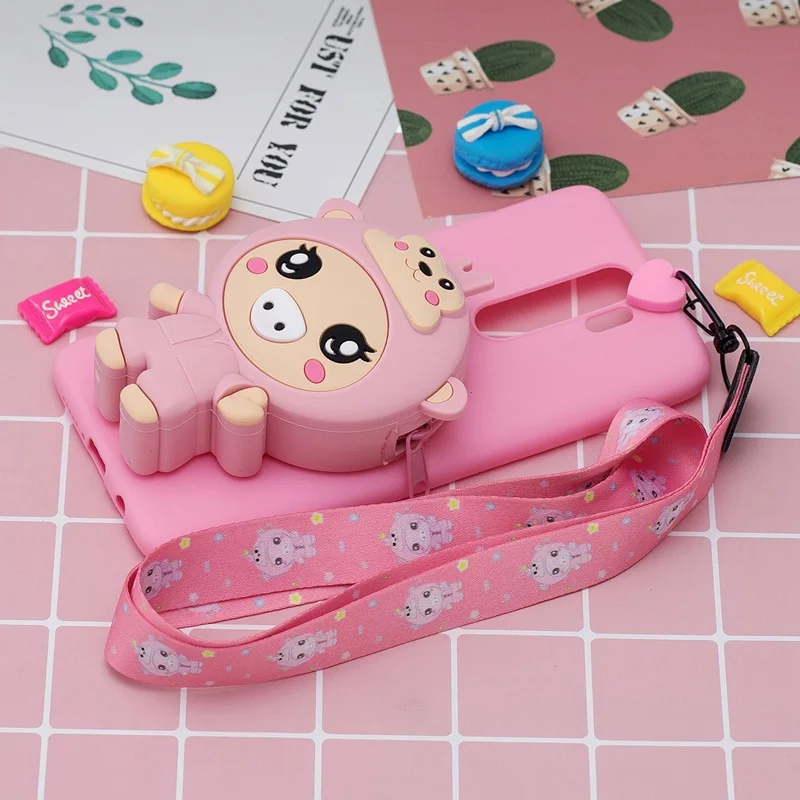 pink Кошелек на молнии, мультяшный чехол для телефона, для Xiaomi Redmi Note 7 Pro, 7A, Redmi Note 7, чехол, ремешок, 3D игрушки, силиконовый чехол для Redmi Note 7, чехол - Цвет: pink
