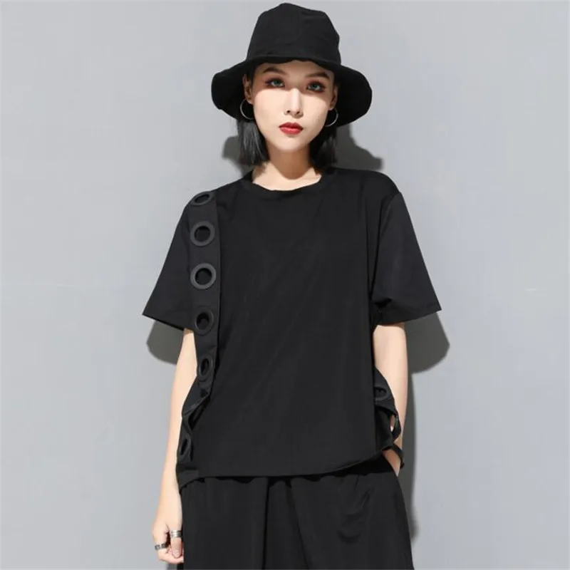 Новые свободные футболки с коротким рукавом для девушек, лето, Новинка Harajuku, круглый вырез, черное кольцо, украшение, женская футболка, женские топы размера плюс