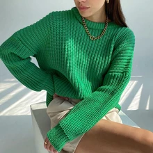 

Women Long Sleeve Casual Solid Green Sweaters Female Women's Knitted Thicken Pullovers Sweater Autumn Winter Oversize Sweater