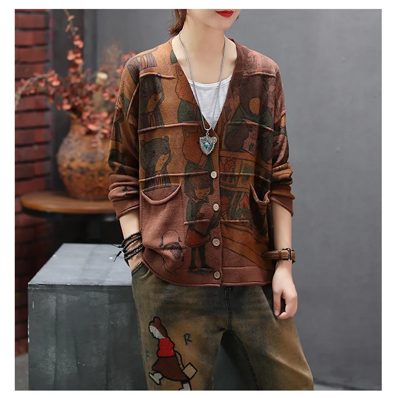 Knitewear Mori Girls Harajuku милый костюм с рисунком героев из мультфильмов, свитер с принтом Однобортный V образным вырезом кардиган с карманами женская верхняя одежда на осень, топы