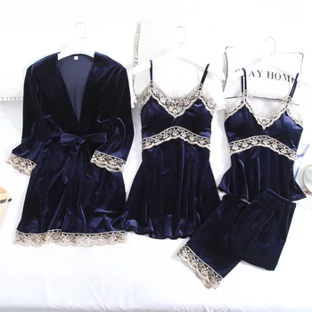 

Homewear Velvet Nightwear 4PCS Robe Set Women Autumn Winter New Pajamas Suit Velour Intimate Lingerie Sleepwear Pyjamas