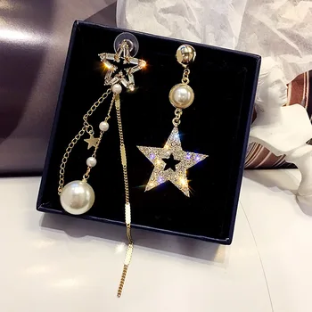 

HWASY1804 new exaggerated Rhinestone five-pointed star asymmetry earrings female long flow alloy earring wholesale