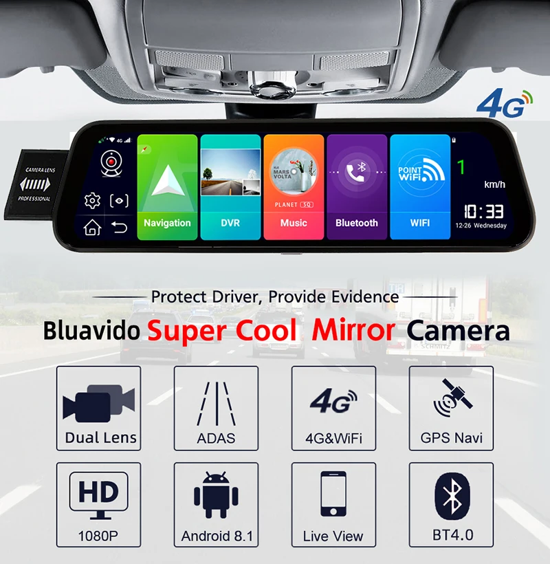 Bluavido 4G Android 8,1 автомобильный зеркальный видеорегистратор gps навигация ADAS камера в зеркале заднего вида FHD 1080P двойной объектив видеорегистратор