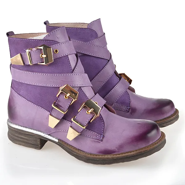HEFLASHOR Fashion Women Boots Purple Short Ankle Boots Genuine Leather Blue Winter Strapped Buckle Short Boot Women Shoes