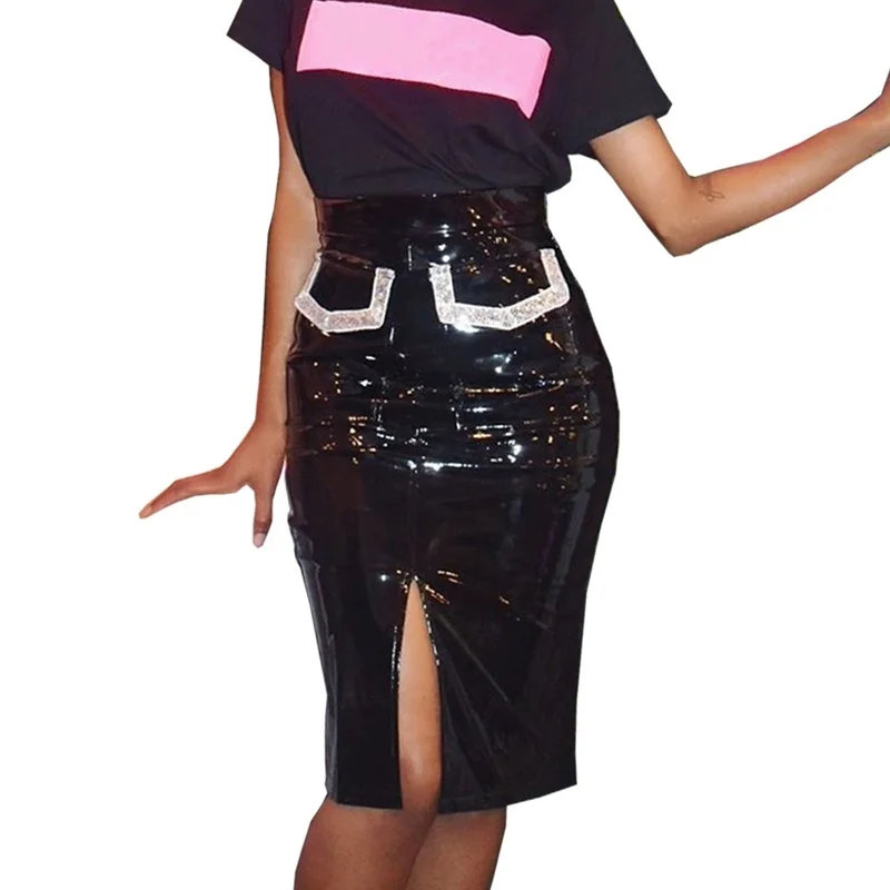 Sexy Club Bling Bling Sequin Skirt Women High Waist Side Pockets Skinny Black Skirts Plus Size Front Split Midi Bandage Skirt