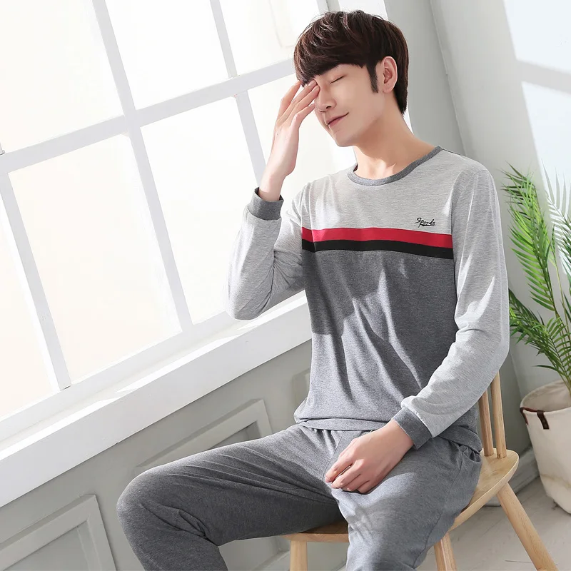 High Quality Long Sleeve Homewear Cotton Pajama Sets for Men 2018 Autumn Winter Casual Striped O-neck Pyjama Male Lounge Clothes High Quality Long Sleeve Homewear Cotton Pajama Sets for Men 2018 Autumn Winter Casual Striped O-neck Pyjama Male Lounge Clothes