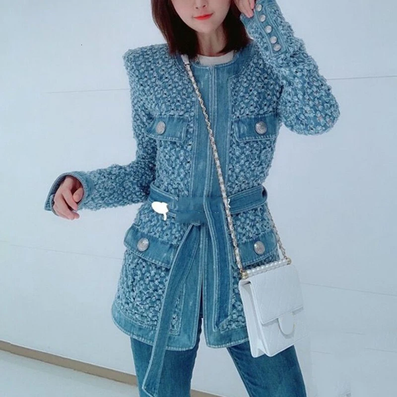 incredible  GALCAUR Streetwear Hollow Out Denim Jacket For Women O Neck Long Sleeve Lace Up Pocket Coats Female