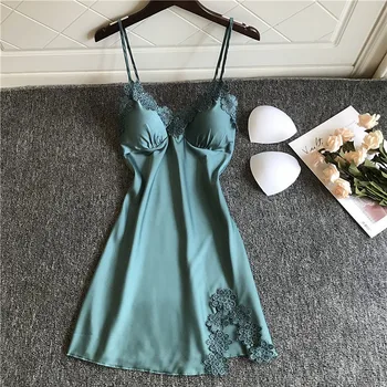 

Sexy women night dress sleepwear With Padded Embroidery Lace Trim V-neck Satin Strap Sleeveless clothes for sleep for women