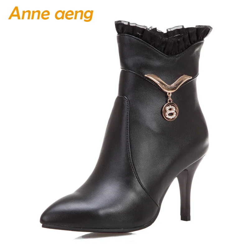 

2019 New Winter Women Ankle Boots High Thin Heel Pointed Toe Zip Metal Ruffles Sexy Women Shoes Black Short Boots Big Size 33-48