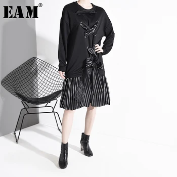 

[EAM] Women Black Striped Organza Bandage Dress New Round Neck Long Sleeve Loose Fit Fashion Tide Spring Autumn 2020 JO28001
