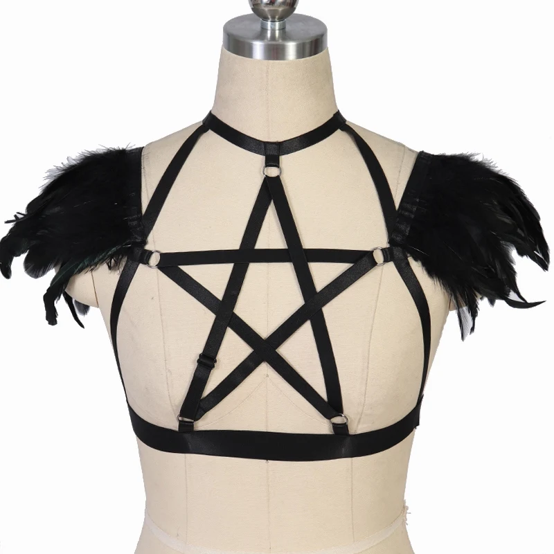 jlxharness-pentagram-feather-bra-sexy-lingerie-rave-crop-top-cage-bra-goth-black-angel-feather-epaulets-body-harness-belt