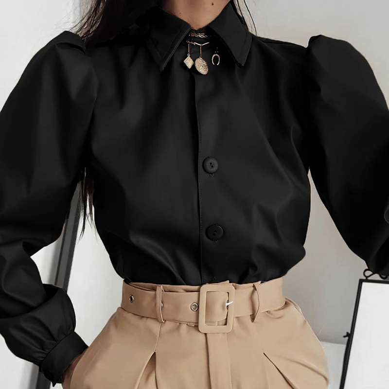 Darlingaga блуза с пышными рукавами из искусственной кожи, рубашка с однотонными пуговицами, укороченный топ, модная женская блузка, элегантные ретро офисные женские топы - Цвет: Black