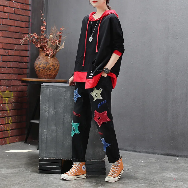 Autumn Hoodies Women Retro Loose Large size Pullovers New Ladies Tops Hooded Spliced Embroidery Casual All-match Hoodies