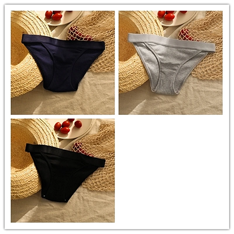Blue Gray Black 3 шт., модные хлопковые трусы, сексуальные трусики для женщин, бесшовные трусики, бикини, стринги, женское нижнее белье, низкая посадка, дамское нижнее белье, однотонное - Цвет: Blue Gray Black