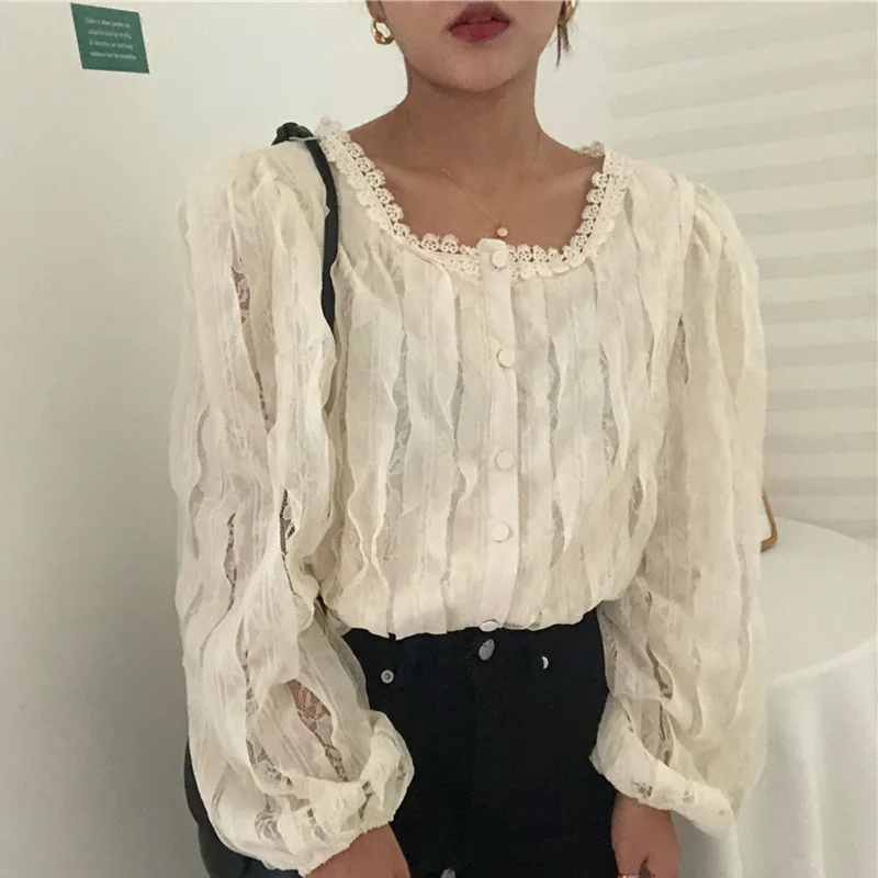 2020 шикарная кружевная рубашка с квадратным воротником и рукавами-фонариками