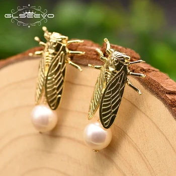 

GLSEEVO Handmade Original Design Insect Drop Earring Fresh Water White Pearl For Women Birthday Gifts Jewelry Kolczyki GE0843A
