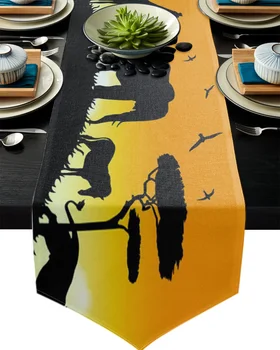 

Bird Elephant Giraffe Trees Sunset Table Runner Home Decor Tablecloth Table Runners for Wedding Christmas Decor for Home Table