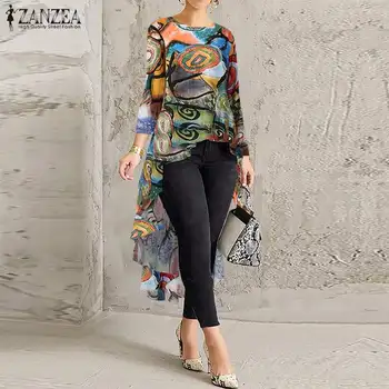 

Elegant Printed Tops Women's Asymmetrical Blouse 2020 ZANZEA Casual Long Sleeve Shirts Female O Neck Blusas Oversized Tunic 5XL