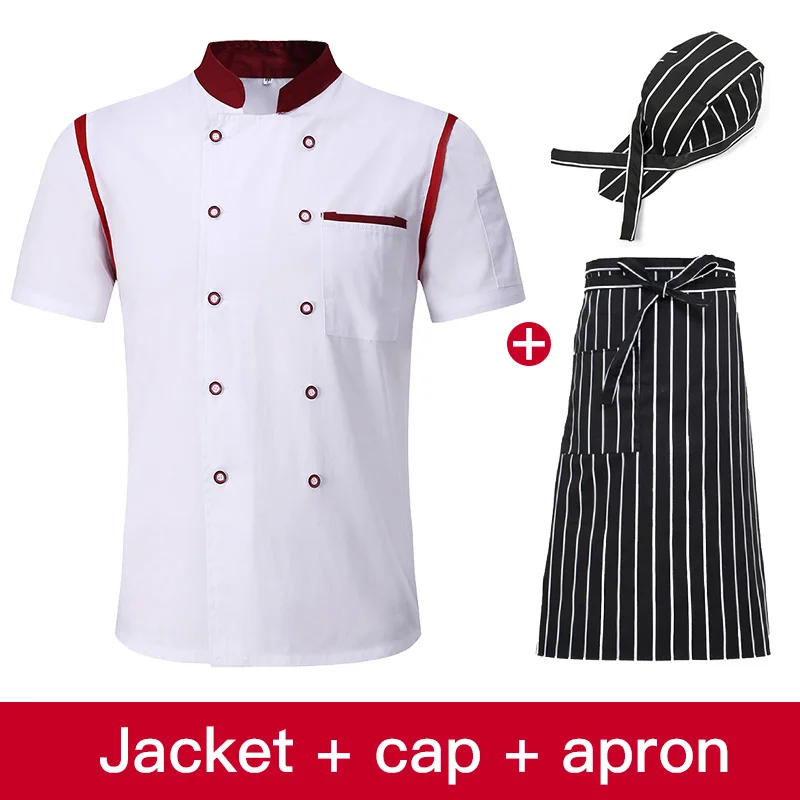 Double-breasted hotel chef uniform shirt unisex summer restaurant chef jacket cafe waiter overalls kitchen cooking jacket top - Color: photo