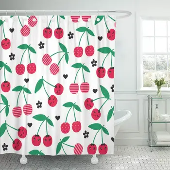

Shower Curtain Waterproof Decorative 72 x 78 inches Red Cute Cherry Pattern on White Summer Berry Birthday Cartoon Color Dessert