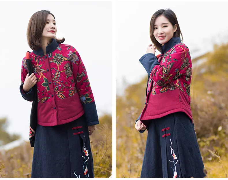 Заводская распродажа, зимняя новая стильная женская одежда в этническом стиле, хлопковая стеганая куртка с принтом, Толстая теплая короткая куртка в китайском стиле