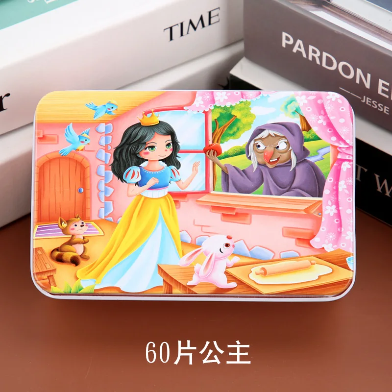 Design25 60 шт./компл. мультфильм История 3D деревянные головоломки Игрушки для раннего развития детей для детей Животные головоломки с железный ящик для детей Рождественский подарок - Цвет: Design25