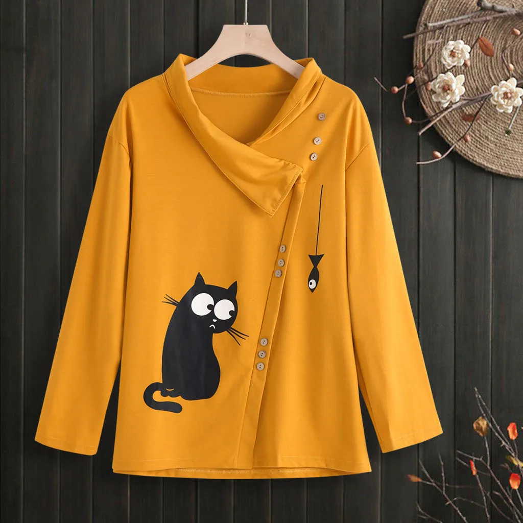 Женская блузка с котом и принтом зимний Повседневный Свободный Топ косами на