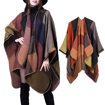 

Fashion Irregular Batwing Sleeve Cloak Coat Women Plaid Cardigan Comfortable Coat Cape Loose Knitted Shawl Outwear One Size