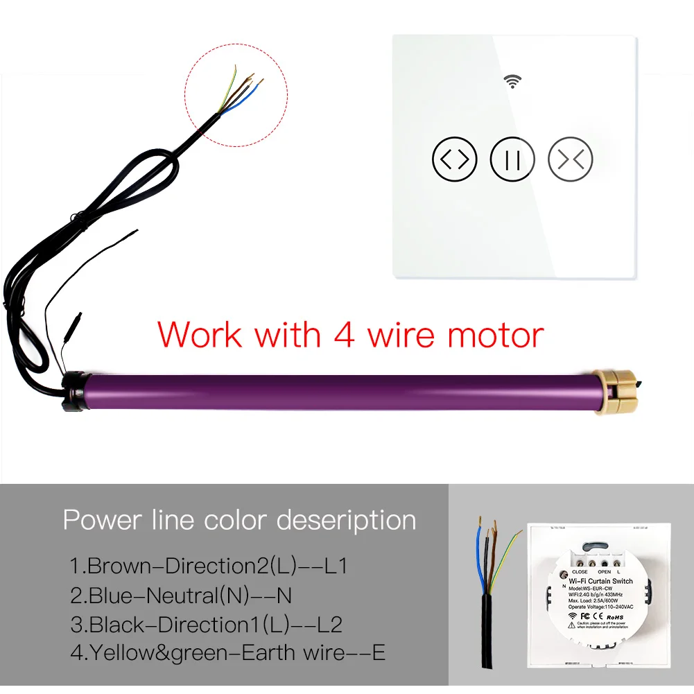 WiFi RF433 Smart Touch Curtain Roller Blinds Motor Switch Tuya Smart Life App Remote Control Works with Alexa Google Home