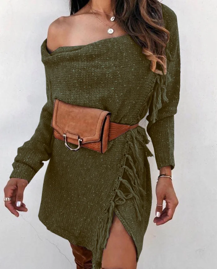 

Women Tassel Sweater Dress Autumn Solid Long Sleeved Knitted Cardigan Off Shoulder Womens Sweaters Girls Women's Clothing