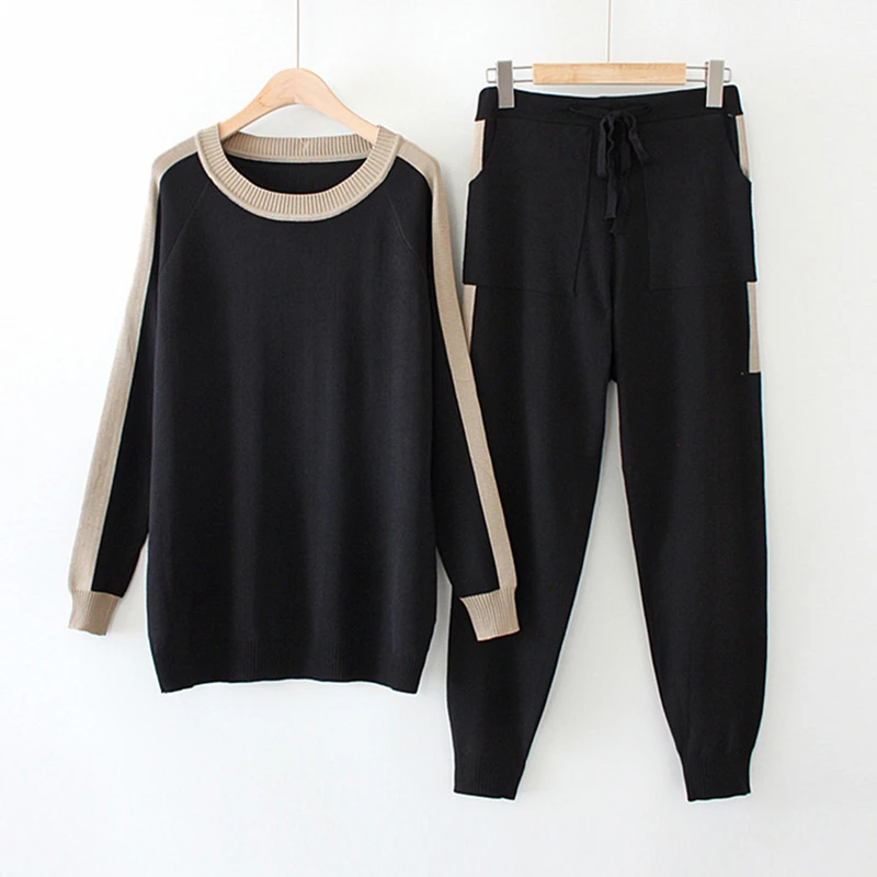 Traje de punto de talla grande para mujer, de manga larga y pantalones de punto, conjunto de dos piezas negro XL 4XL|Trajes de pantalón| -