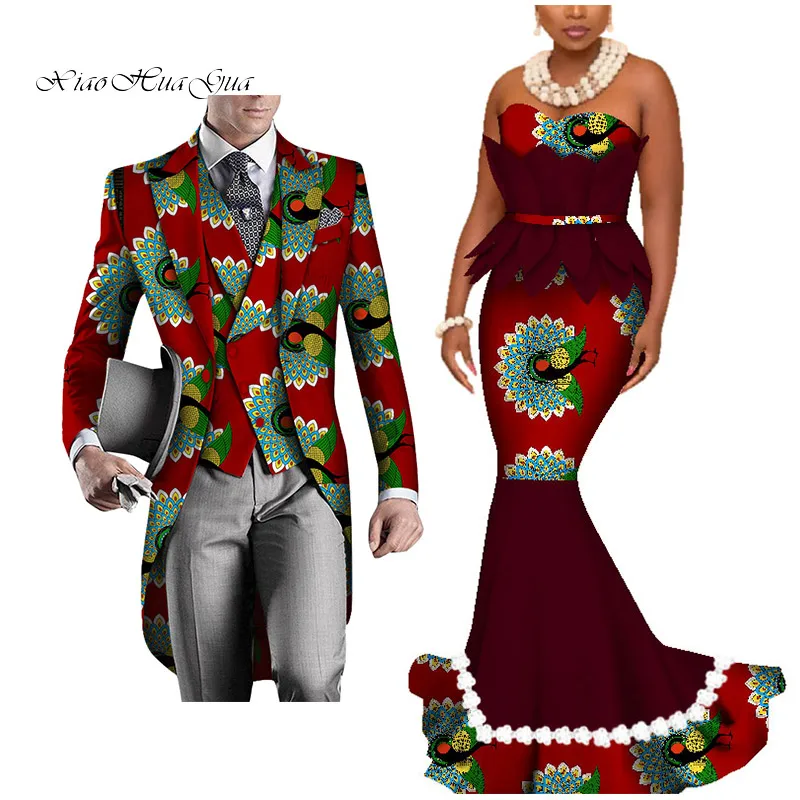 Dashiki African Couple Clothing Women's Dress+Men's Blazer&Vest 3 Pieces Set African Mermaid Print Dresses for Couples WYQ425 - Цвет: 11