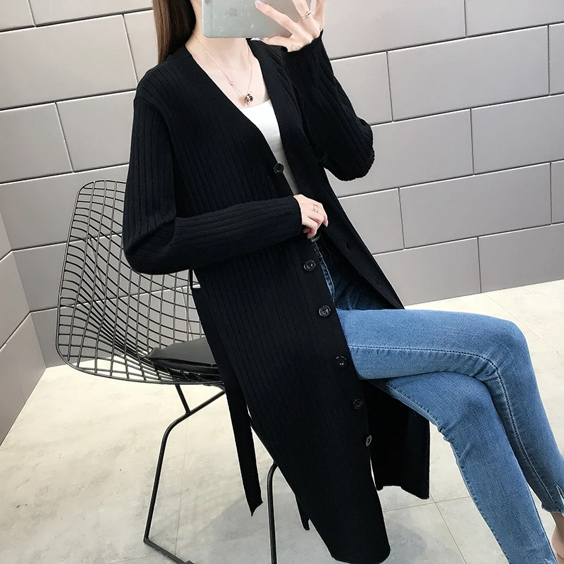 Осень-зима, женские свитера с длинным рукавом и v-образным вырезом, Свитера с пуговицами и кардиганы, вязаный однотонный длинный жакет с поясом - Цвет: Черный
