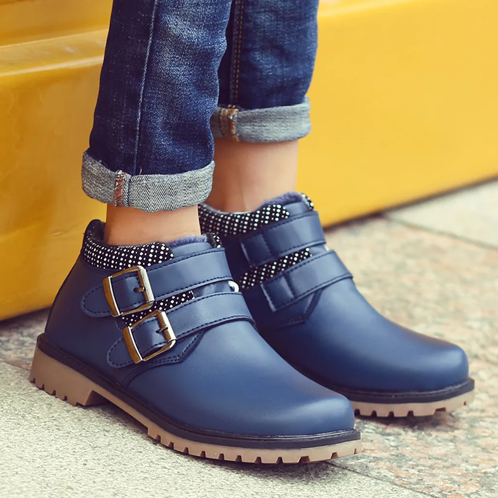 Ботинки для мальчиков; зимние детские зимние ботинки; спортивная детская обувь для мальчиков; кроссовки; модная плюшевая кожаная детская обувь;# C - Цвет: Blue