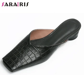 

SARAIRIS New Cool Spring Summer Square Toe Mules Fretwork Genuine Leather Mules Women Casual slip-on Low Heel Shoes Woman