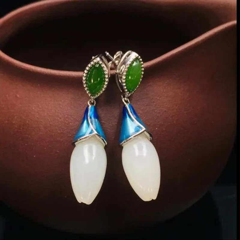 

Original Design 925 Sterling Silver White Jade Inlay Green Beads Blue Enamel Process Stud Earrings For Women Fine Jewelry