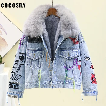 

Winter Jacket Women Natural Fur Collar Rabbit hair Lining Denim Jacket Women Coat Thick Graffiti Jeans Jacket Women Streetwear