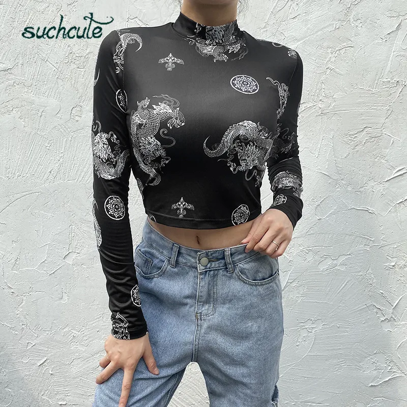 SUCHCUTE женская футболка, сексуальные топы, татуированный стиль, драконий графический принт, Женская облегающая Готическая уличная одежда, топы для клубной вечеринки
