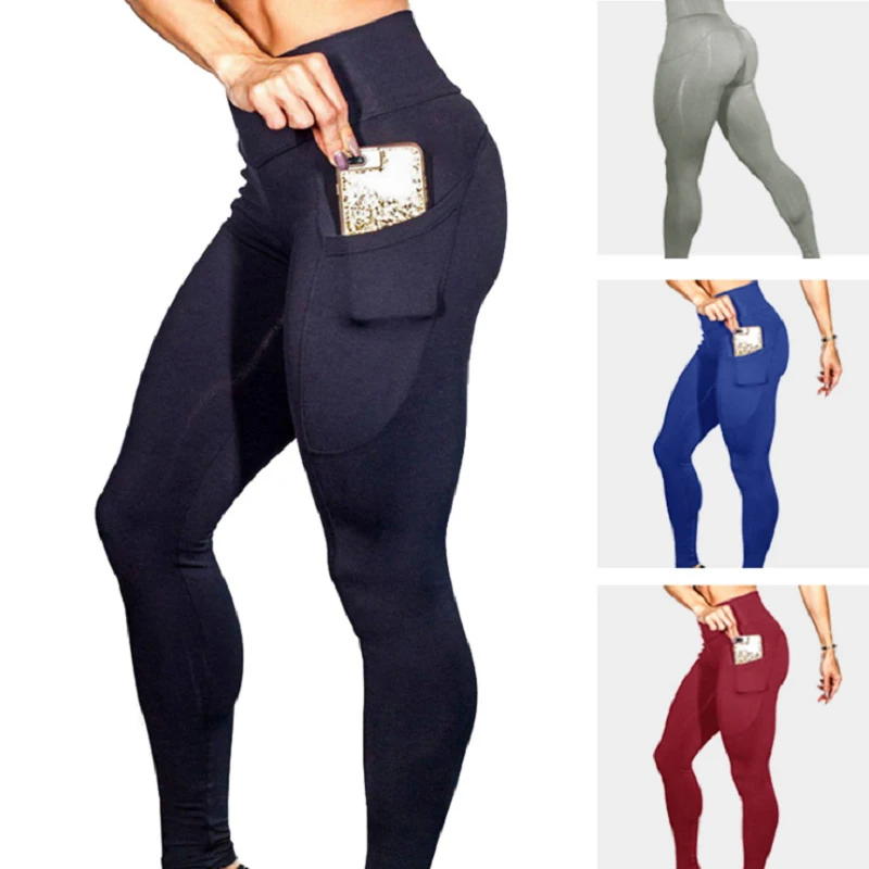 

Fitness Pockets Leggings Women Solid High Waist Pants Side Elasticity Work Out Lady's Legging