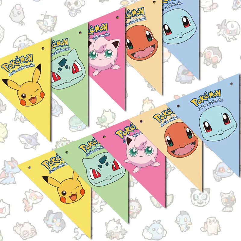 10pcs Pokemon Pikachu Bulbasaur theme Happy Birthday Banner Bunting Pennant 1set 2.5m kids girl boy birthday party decoration