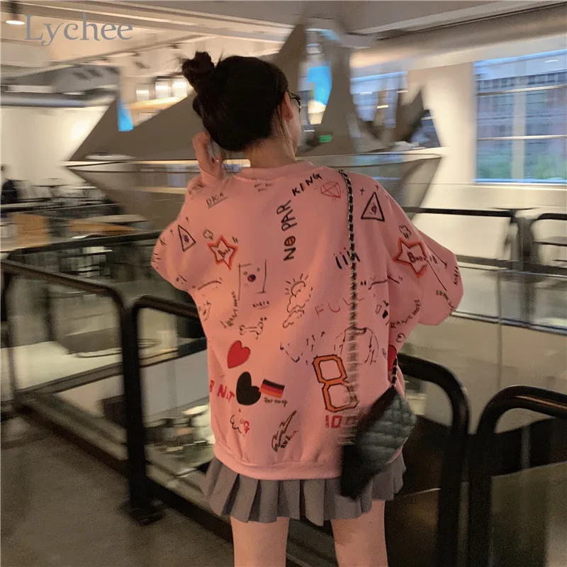 Lychee Harajuku повседневные осенние дамские свитшоты Топ свободный вырез лодочкой Женские флисовые пуловеры Топы граффити Женская флисовая толстовка