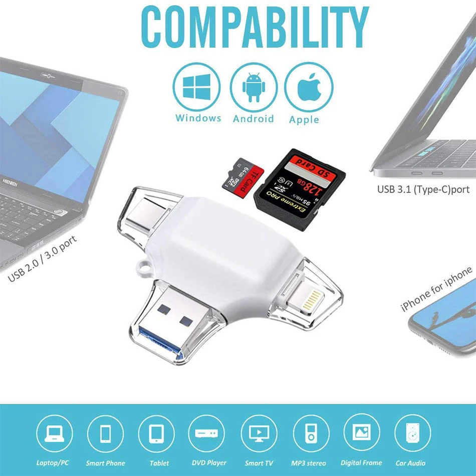 Сверхзвуковой кард ридер 4 в 1 Micro SD для iPhone iPad Android Macbook tf карта с USB Type C игровая